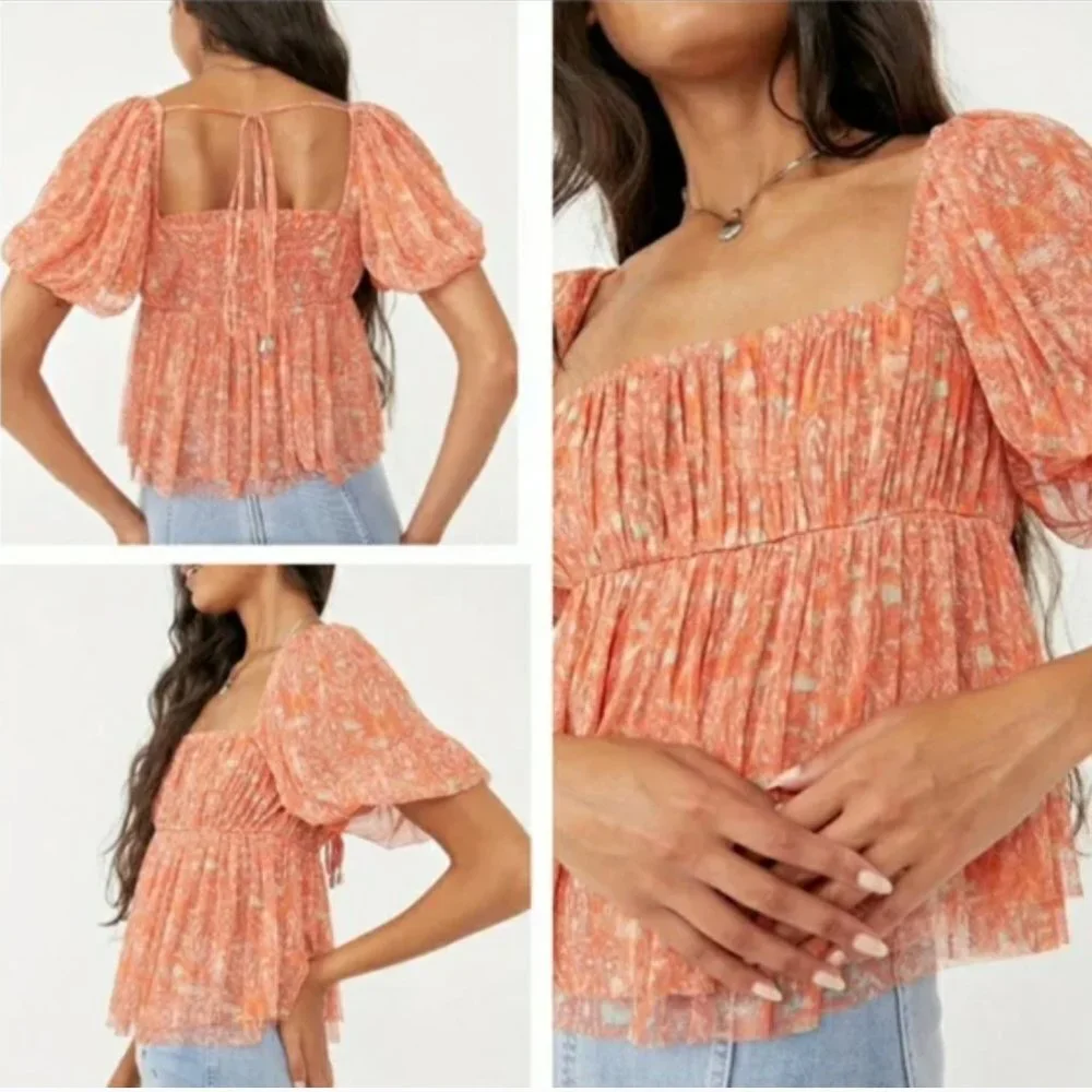 NWT Free People Penelope Printed Chiffon‎ Puff Sleeve Babydoll Crop Top Blouse S